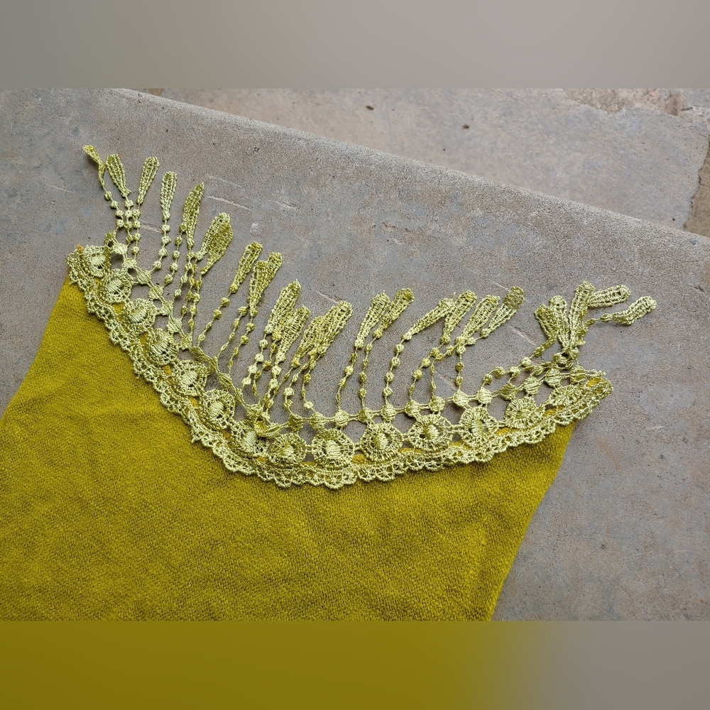 Vintage Floral Bohemian Whimsigoth Mustard Rose Lace Trim Long Scarf | Preppy - Picture 13 of 17